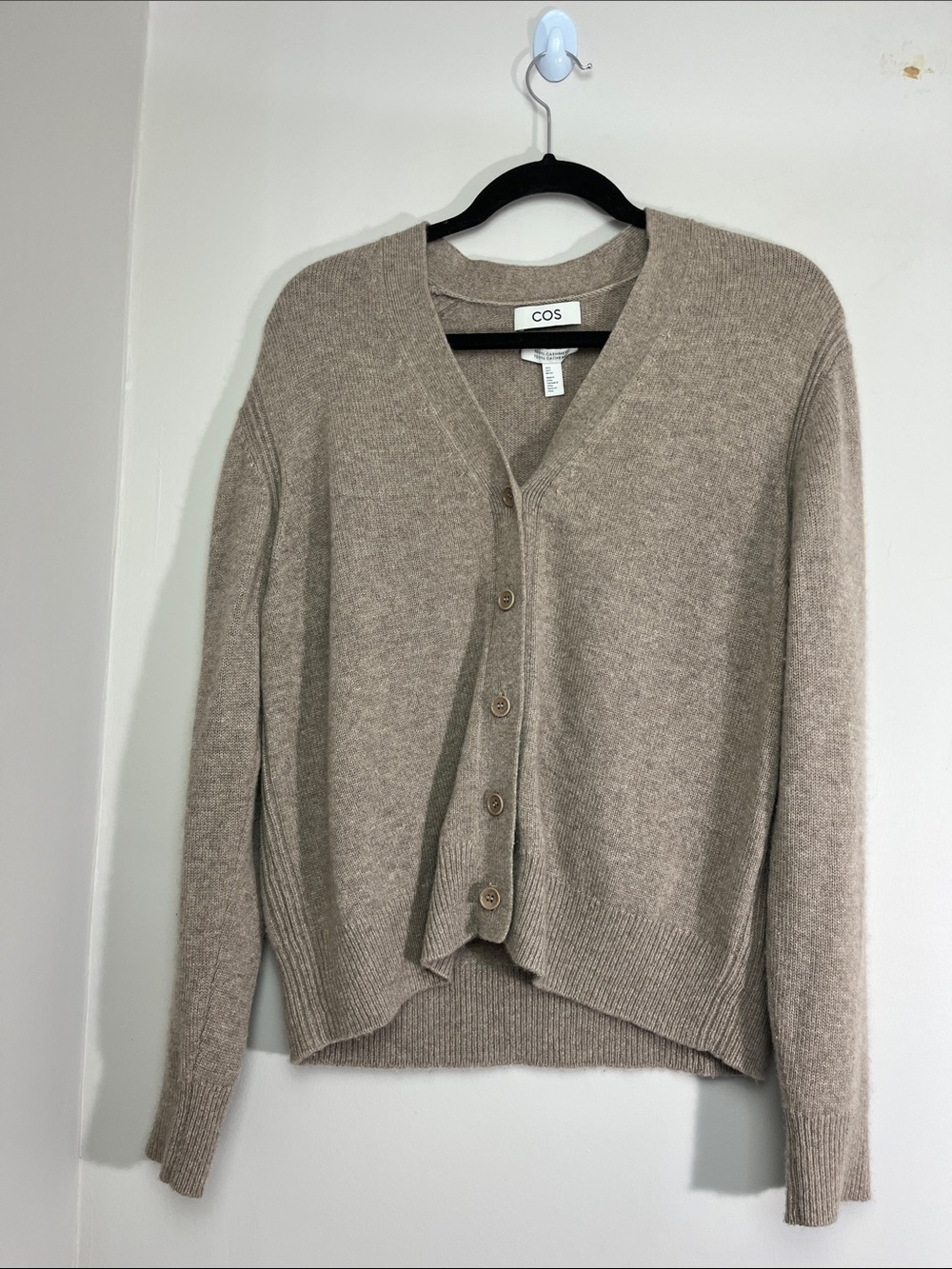 COS Neutral Taupe V‑Neck Button cashmere Cardigan
